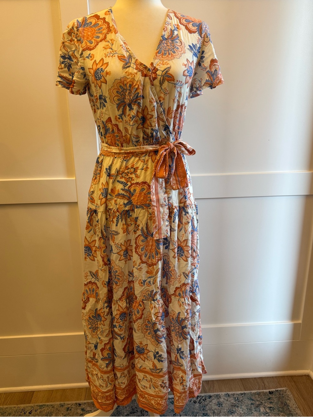 Boho Wrap Maxi Dress Floral Tie Waist Cottagecore Festival Midi Size M - Picture 2 of 8